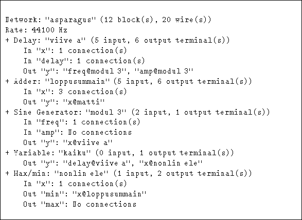 \begin{figure}
\begin{center}
\begin{tabular}
{\vert p{12cm}\vert}
\hline
\begin...
...ax'': No connections\end{verbatim}\\ \hline\end{tabular}\end{center}\end{figure}